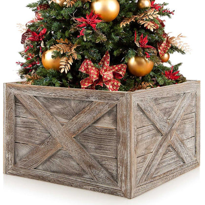 Christmas Tree Collar Box, Wooden Tree Box Stand Cover with Hook & Loop Fastener, Christmas Tree Skirt Replacement for Indoor 60 x 57 x 37 cm