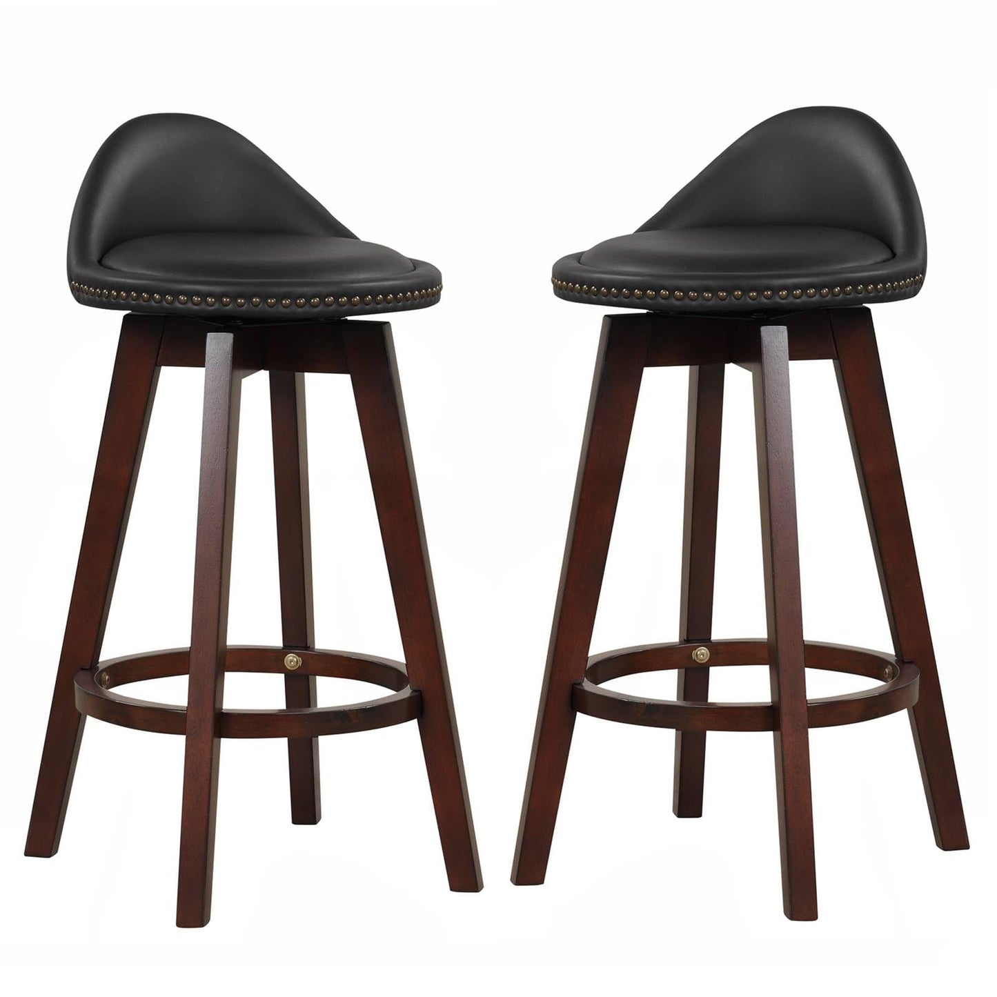 GiantexUK Bar Stools Set of 2, Upholstered Swivel Barstools with Rivets, Padded Back, Rubber Wood Legs & Footrest