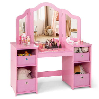 Kids Dressing Table with Tri-Folding Detachable Mirror, 4 Storage Bins, Girls Makeup Vanity Tables for Playroom Bedroom