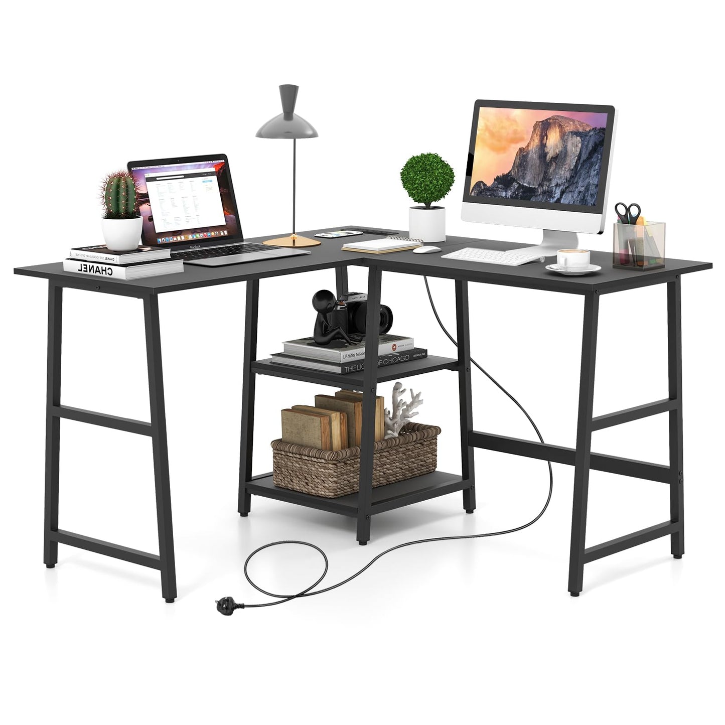 L-Shaped Computer Desk, Wooden Study Table Corner Desk with Charging Station