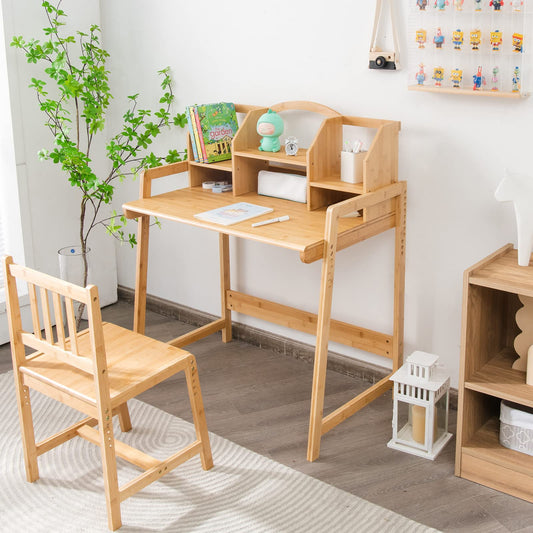 Bamboo Kids Desk and Chair Set, Height Adjustable Children Study Table and Chair with Bookshelves