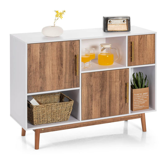 GiantexUK Storage Cabinet, Modern Buffet Cupboard with 3 Doors & 3 Open Compartments, Wooden Freestanding TV Sideboard (White+Brown, 95 x 31 x 76cm)