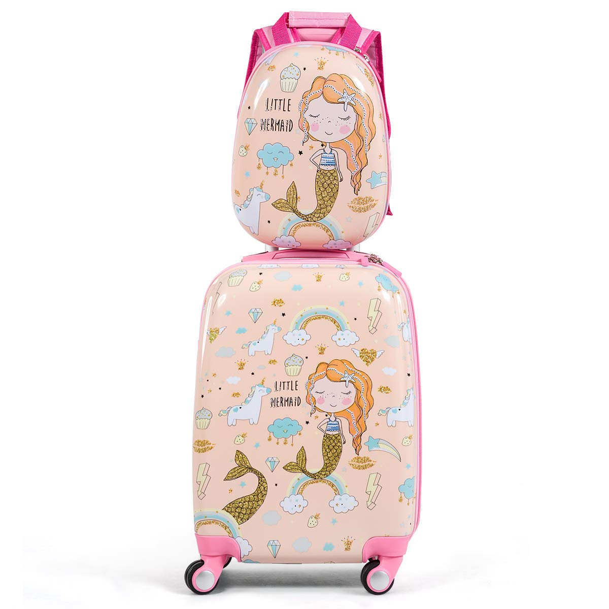 2 Pcs Kids Luggage Set, 12'' Backpack and 18'' Suitcase Children Boys Girls Travel School Trolley Case on Wheels (Mermaid, Pink)