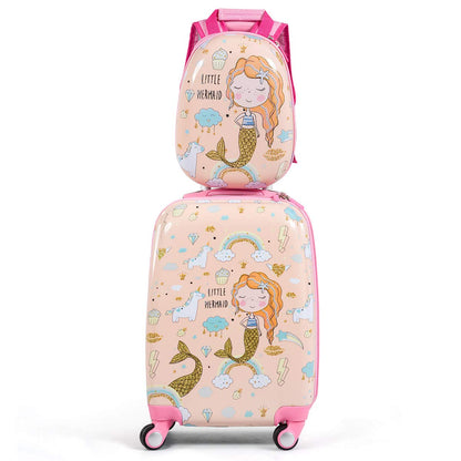 2 Pcs Kids Luggage Set, 12'' Backpack and 18'' Suitcase Children Boys Girls Travel School Trolley Case on Wheels (Mermaid, Pink)