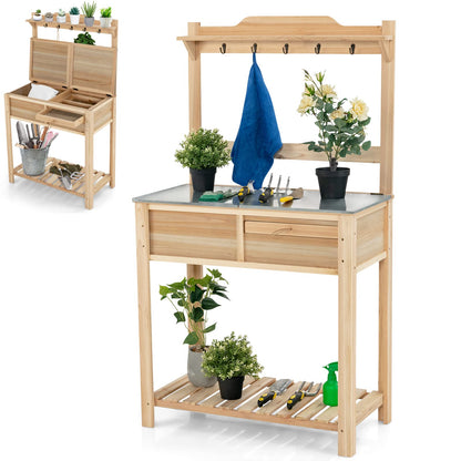 GiantexUK Garden Potting Table, Wood Potting Bench with Flip-up Galvanized Metal Top