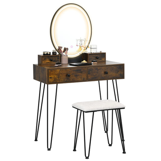 Dressing Table and Stool Set with 3-Color LED Lights Mirror, Wireless/USB Charging Port & 4 Drawer(Rustic Brown)