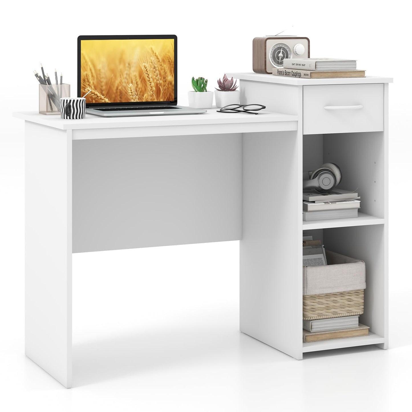 Compact Computer Desk, Small Wooden Study Writing Workstation with Drawer (110 x 50 x 82 cm)