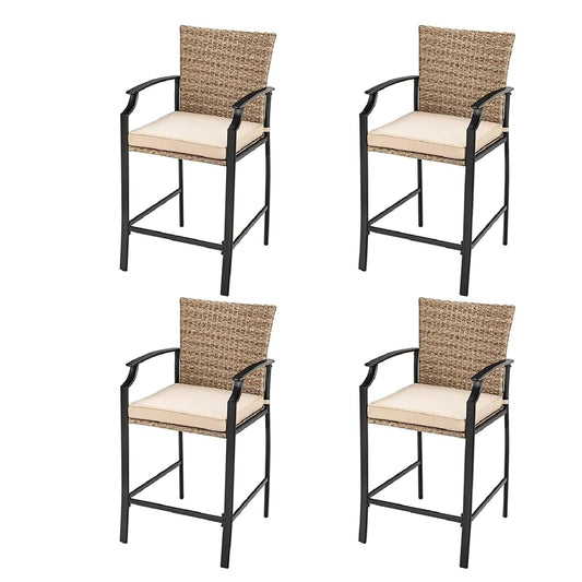 GiantexUK Patio Rattan Bar Stools Set of 4 with Soft Cushions High Backrest