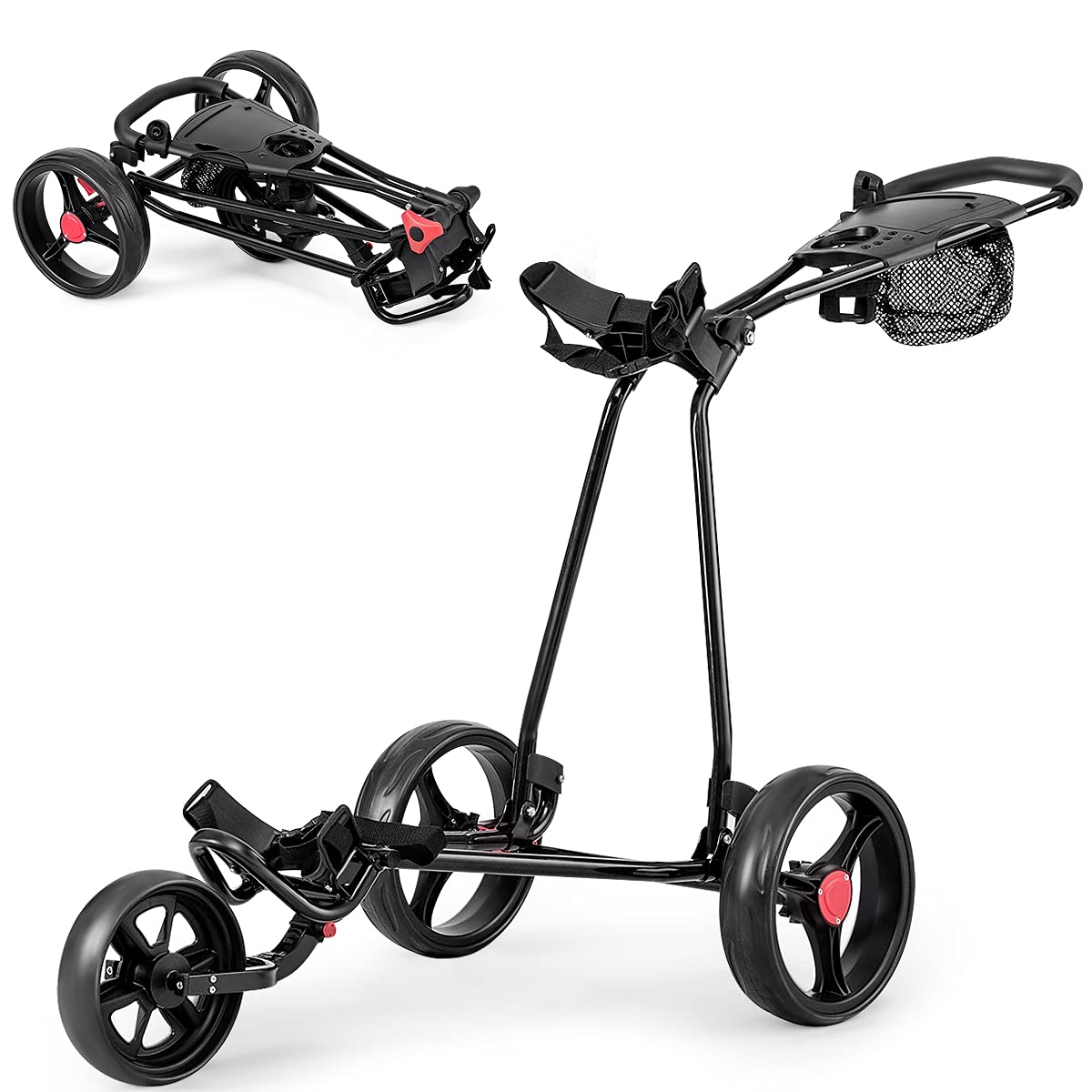 Folding Golf Push Pull Cart, Lightweight 3 Wheels Golfs Trolley with Foot Brake