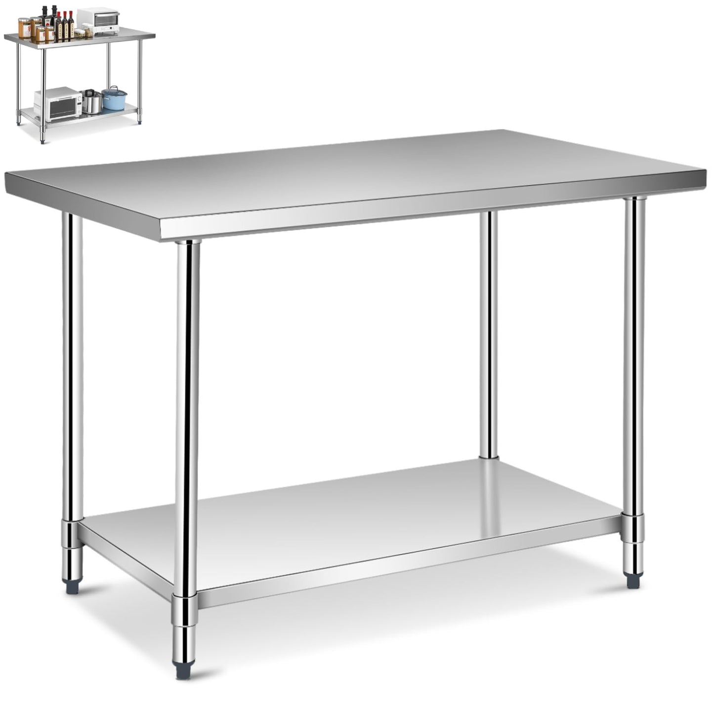 GiantexUK Stainless Steel Catering Table, 48x30Inch/48x24Inch/36x24Inch Commercial Work Table with Adjustable Shelf & Non-slip Footpads