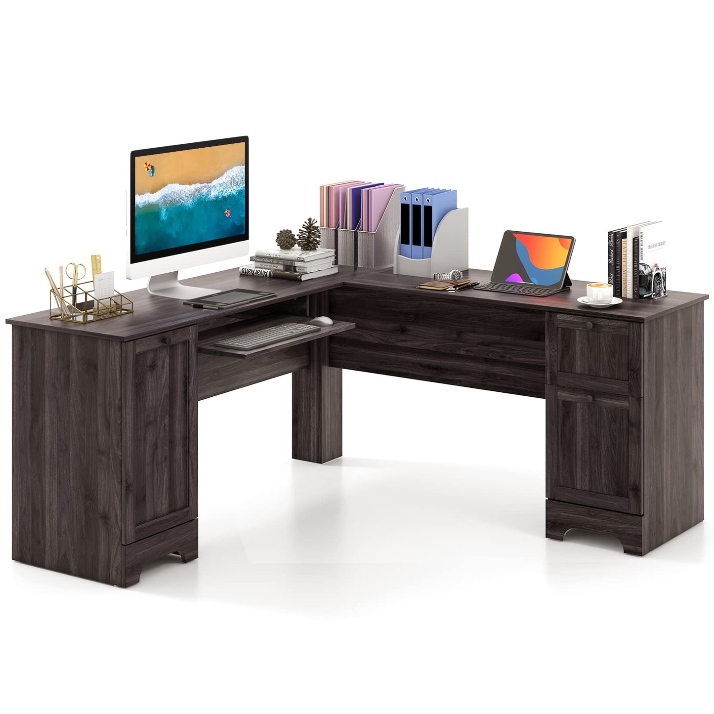 L-Shaped Computer Desk, 170cm Modern Large Corner Desk Writing Study Table with Drawers