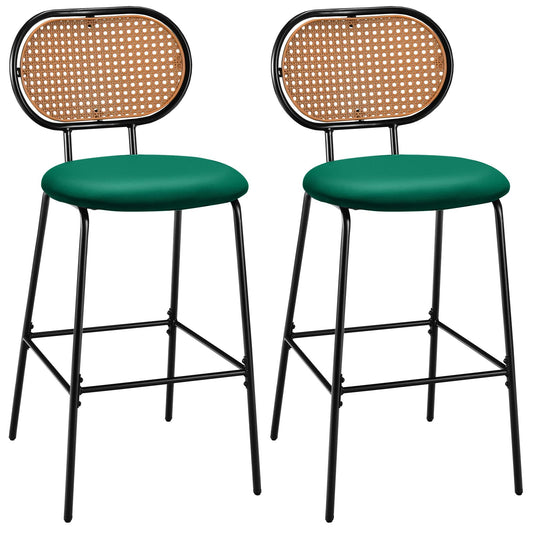 Bar Stools Set of 2, PU Leather Upholstered Bar Chairs with Imitation Rattan Backrest & Footrest