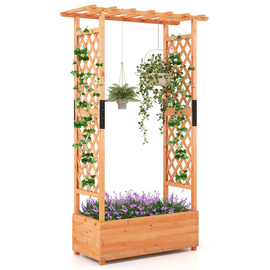 GiantexUK Raised Garden Bed with Arch Trellis, Wooden Garden Planter Box with Drainage Holes