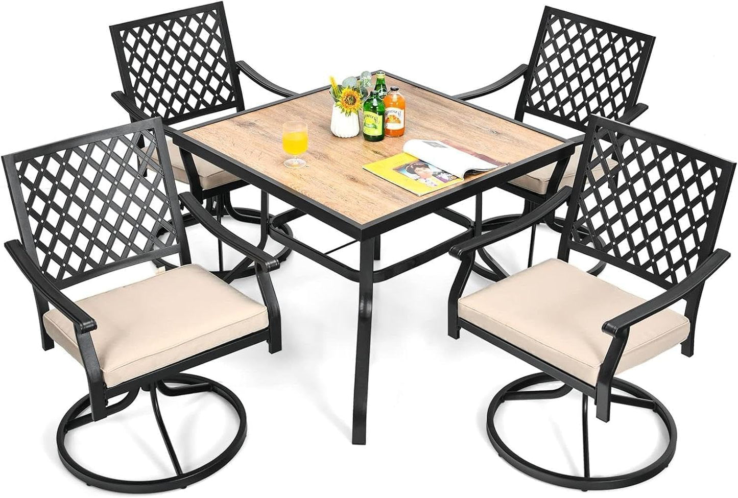 GiantexUK Patio Dining Set, Metal Garden Table and Chairs Set with with 90cm Square Table, 4 Swivel Chairs & Removable Cushions