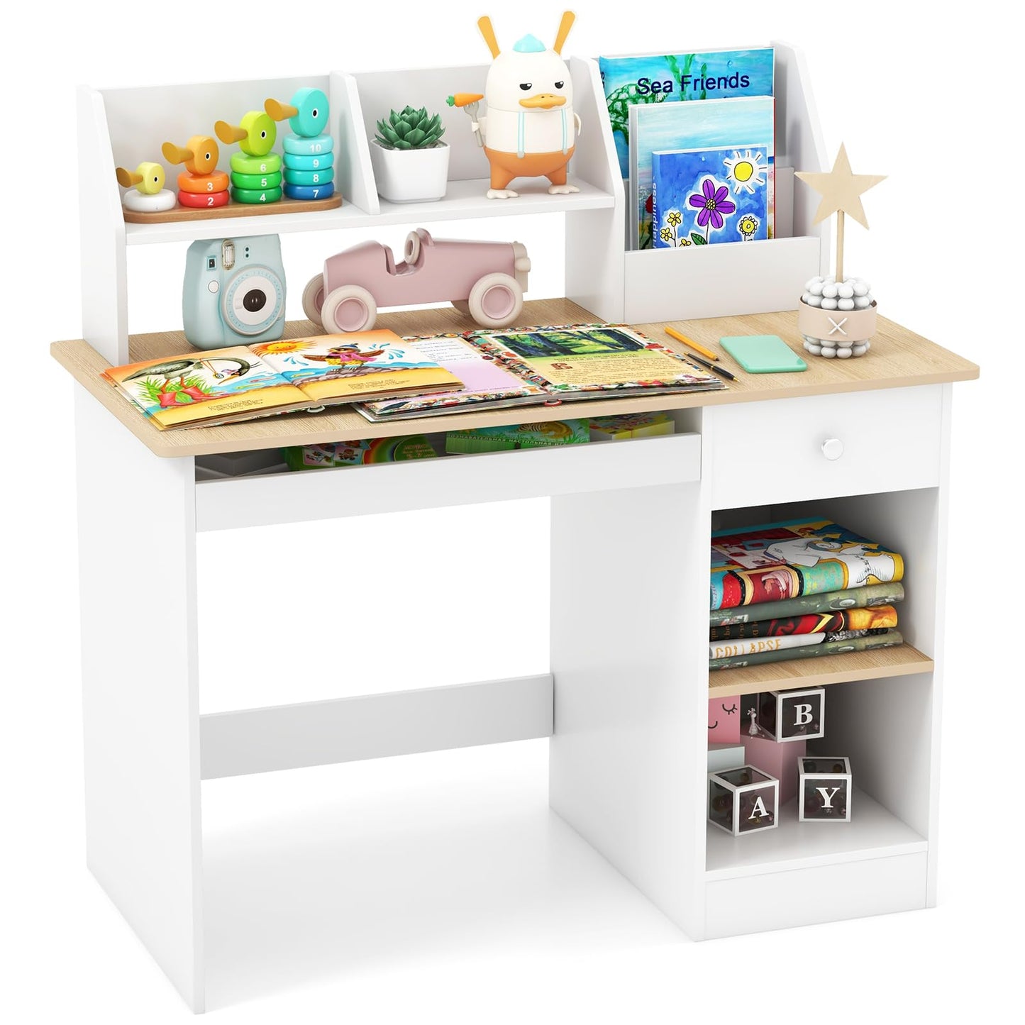 Kids Study Desk, Wooden Children Table with Drawer, Shelves, Hutch, Keyboard Tray