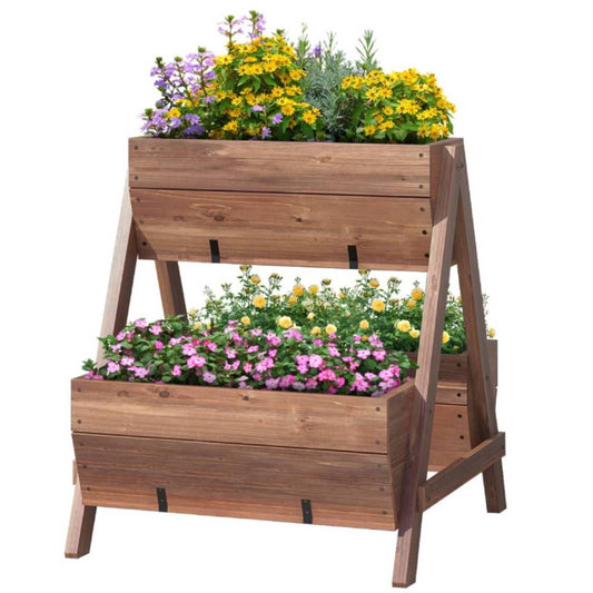 GiantexUK Wooden Raised Garden Bed, 2 Tier Vertical Ladder Garden Planter with Drainage Holes