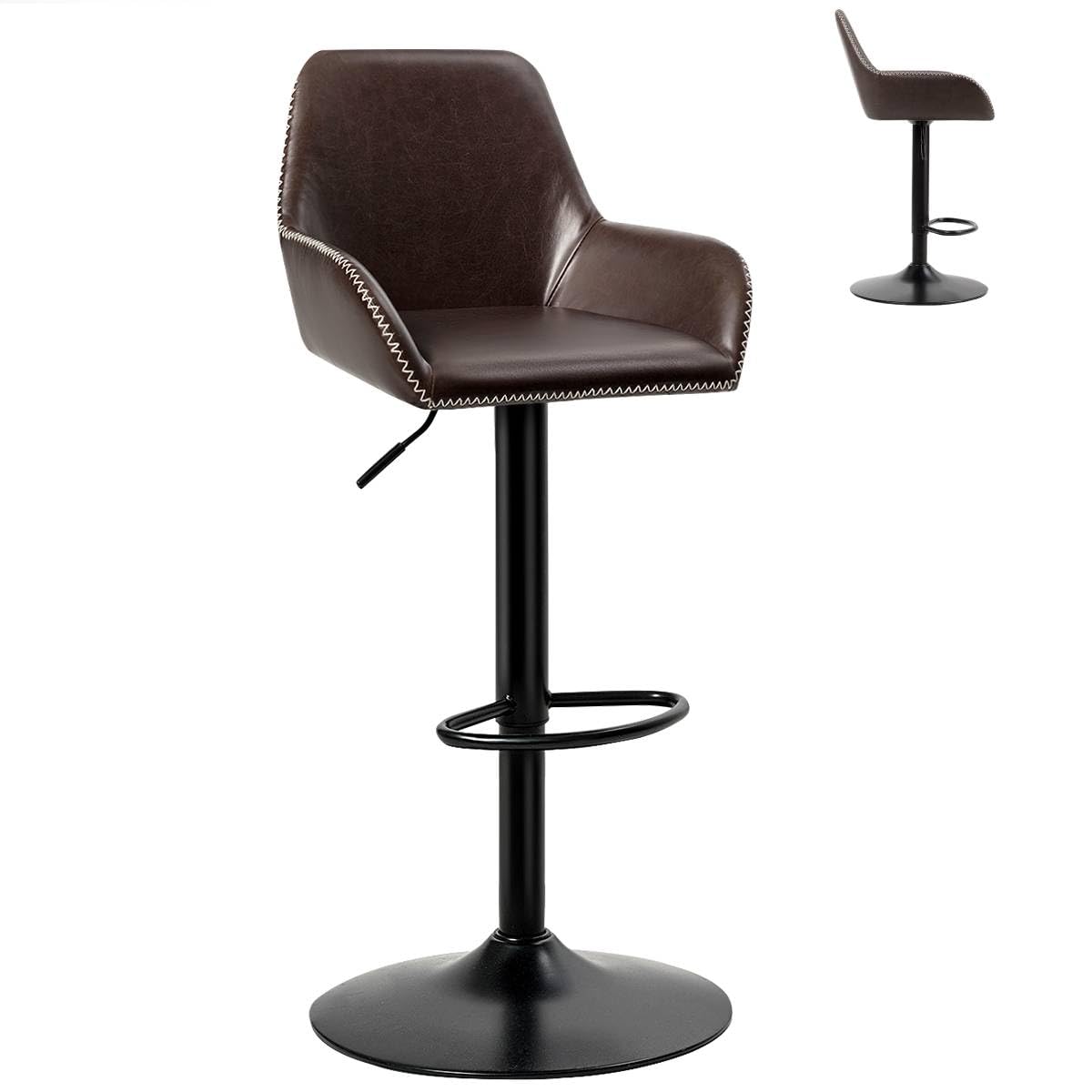 GiantexUK Bar Stools Set of 1/2, PU Leather Swivel Height Adjustable Barstools with Backrest, Armrest, Gas Lift & Footrest