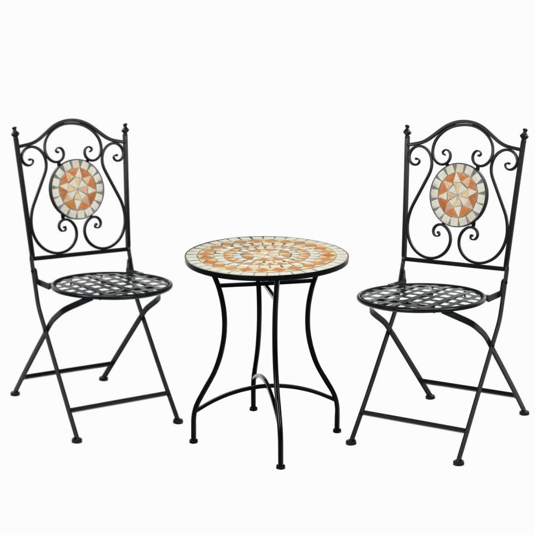 GiantexUK 3PCS Patio Bistro Set, Metal Frame Round Mosaic Coffee Table with 2 Folding Chairs