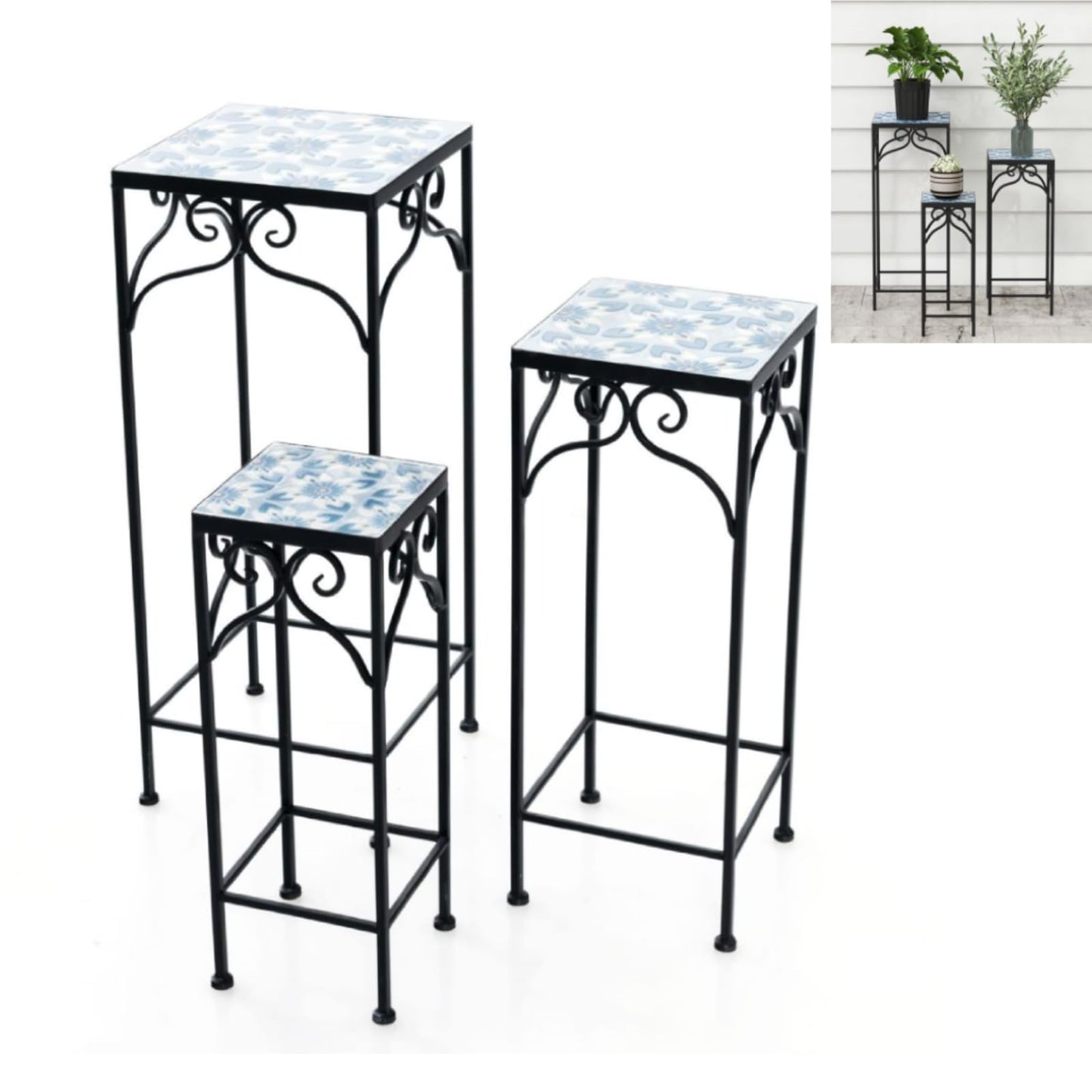 GiantexUK Set of 3 Metal Plant Stand, Freestanding Mosaic Flower Pot Holder with Scrollwork Patterns & Anti-slip Foot Pads