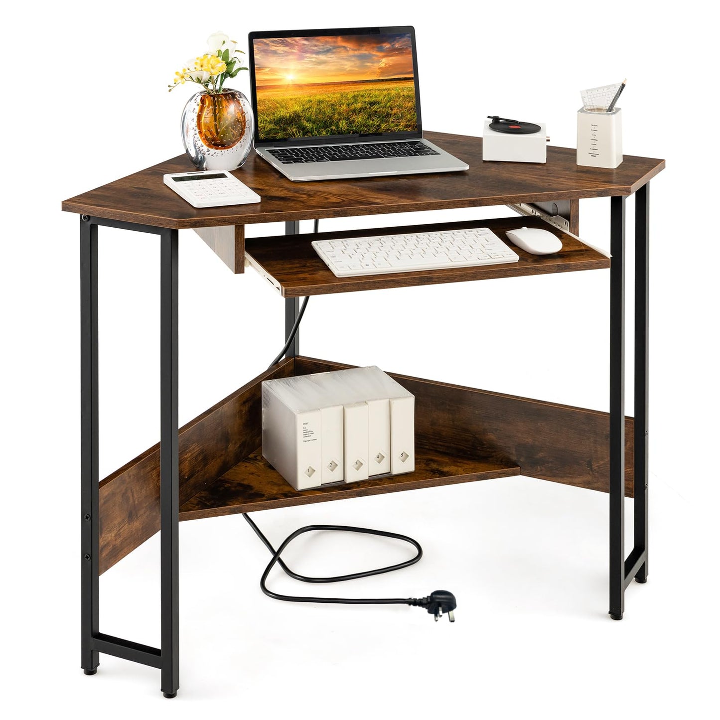 Corner Computer Desk, Triangle PC Laptop Table with Power Outlet and Storage Shelf, Brown, with Keyboard Tray