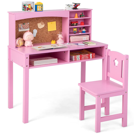 Kids Desk and Chair Set, Wooden Children Study Table with Hutch, Cork Board, Storage Shelves