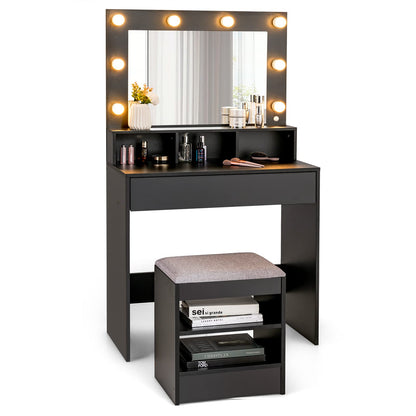 Dressing Table Set with LED Lights Hollywood Mirror, Drawer and Shelves