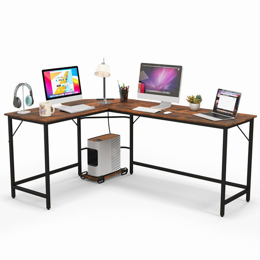 L-Shaped Computer Desk, 168cm Metal Frame Corner Writing Workstation with Charging Station