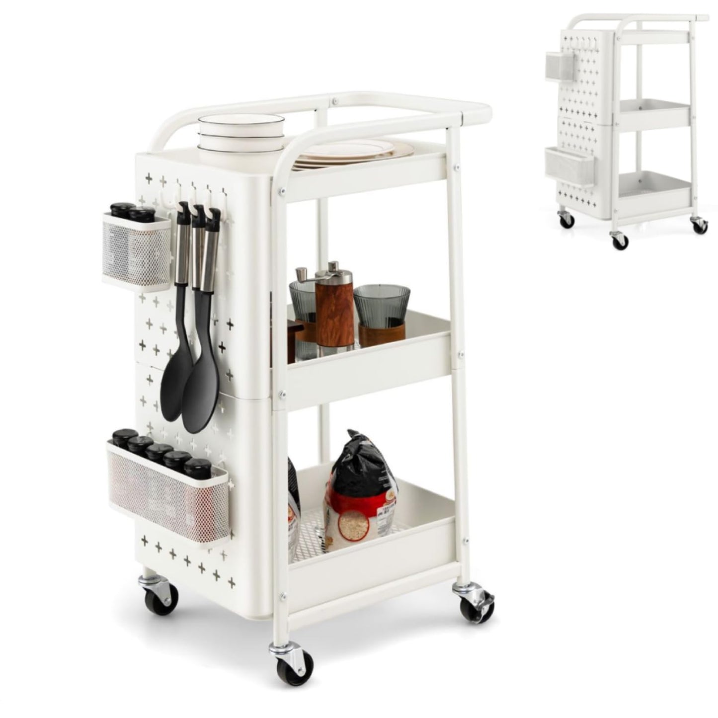 GiantexUK 3-Tier Storage Cart on Wheels, Metal Serving Trolley with Pegboards, Handle, Storage Basket & Removable Hooks