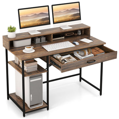 120cm Computer Desk, Industrial Laptop Writing Desk with Monitor Stand, Drawers & Storage Shelves