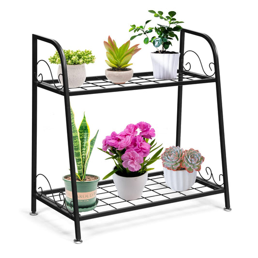 2 Tier Plant Stand, Scrollwork Design Metal Flowers Pot Holder with Adjustable Foot Pads