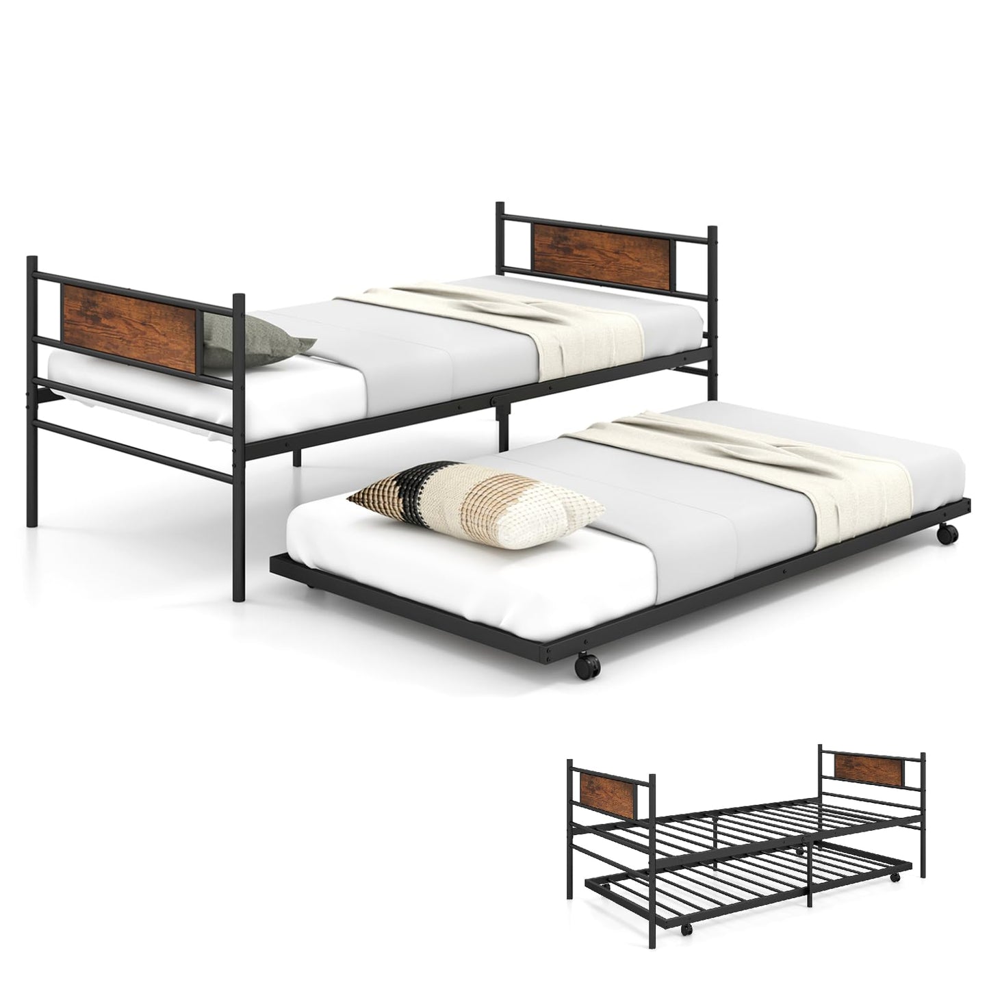 3FT Metal Day Bed with Trundle, Single Bed Frame with Pull-out Bed