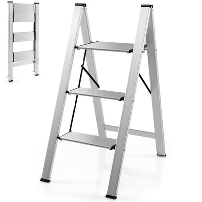 GiantexUK 3 Step Ladder, Aluminum Frame Folding Ladder with Non-slip Wide Pedal