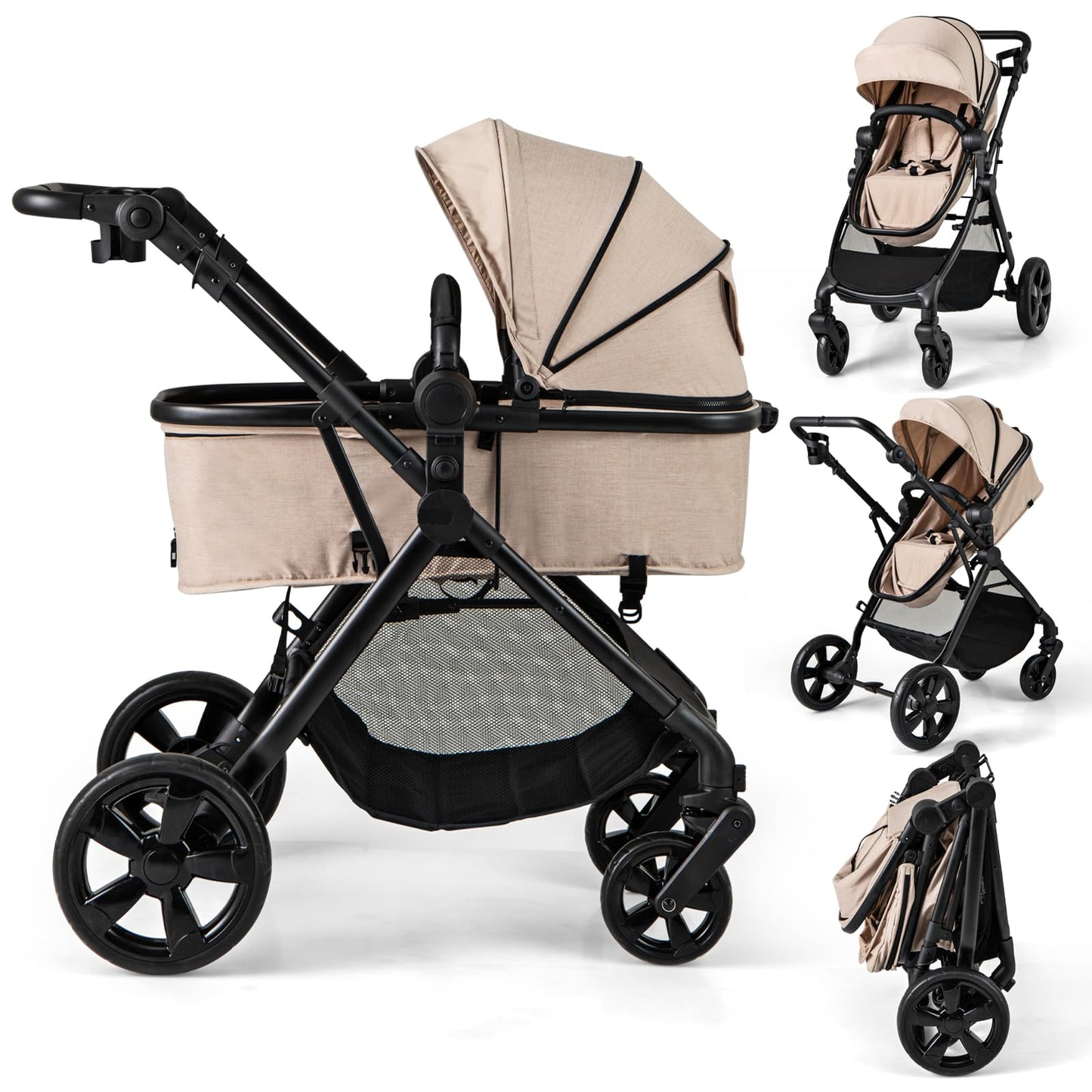 2 in 1 Baby Pushchair, Foldable Travel System Pram with Reversible Seat, Adjustable Canopy & Handle