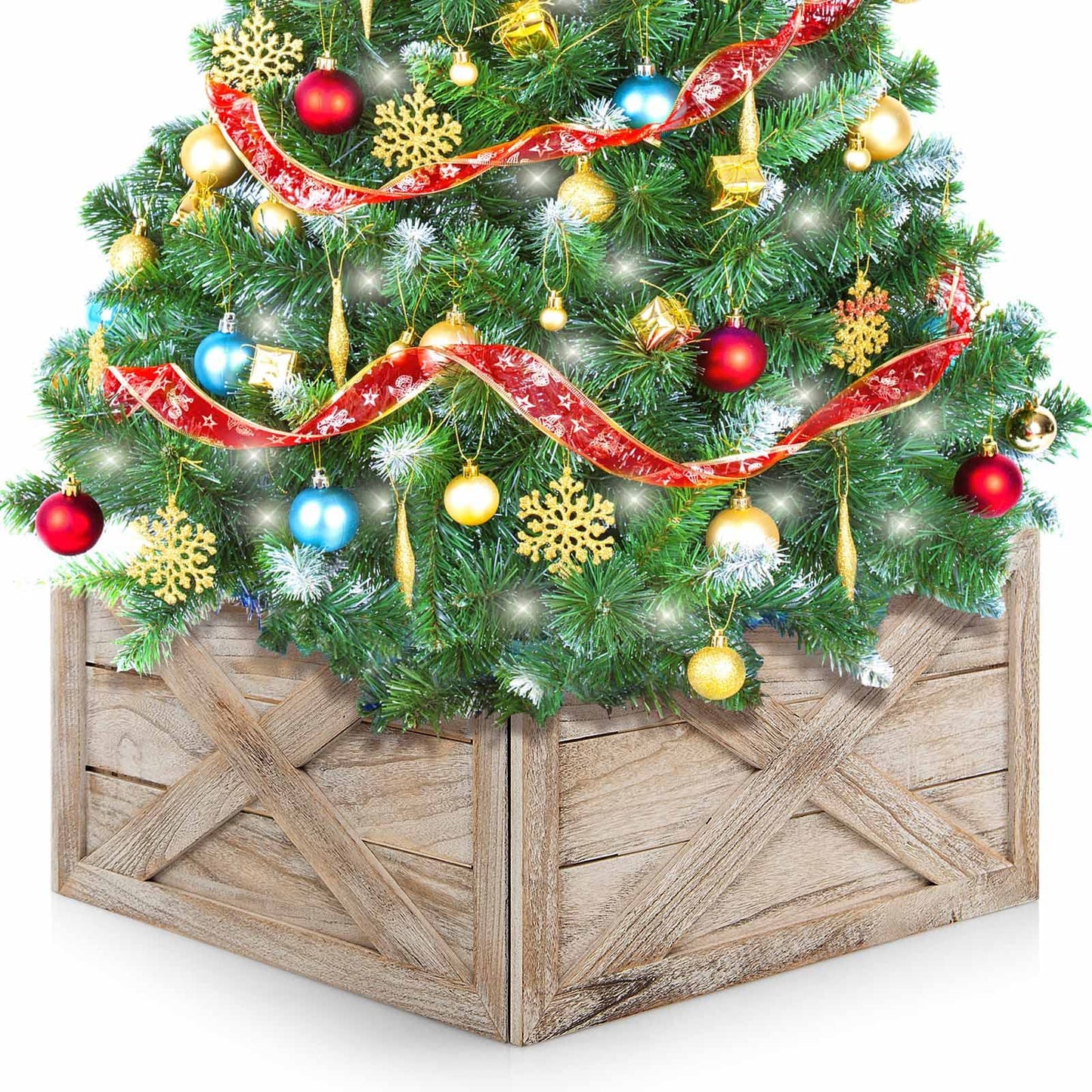 Christmas Tree Box Stand, Wooden Tree Collar Boxes with Hook & Loop Fasteners, Vintage Farmhouse Xmas Trees Skirt 72 x 69 x 37cm