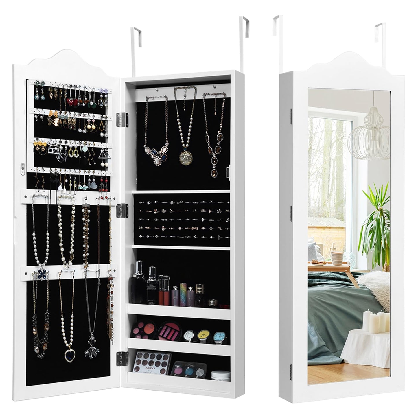 Jewellery Cabinet, Lockable Jewelry Armoire with Full Length Mirror and 3 Display Shelves