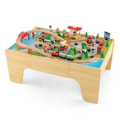 Train Track Set and Table, Wood Kids Play Tables with Drawer, 84Pcs Accessories, DIY Railway Activity Playset for Boys Girls