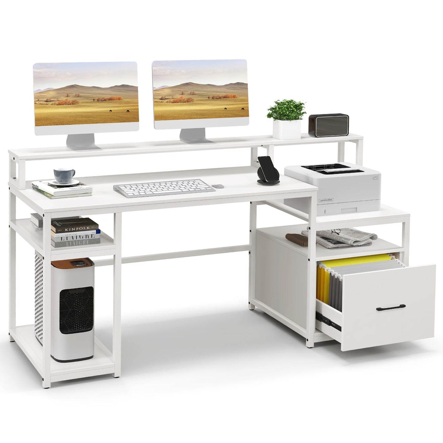 168CM Home Office Computer Desk, Wooden Study Table Writing Workstation with Monitor Stand