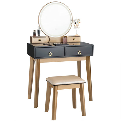 Dressing Table Set with LED Lights and Mirror, Detachable Makeup Dresser Table Stool (Black)