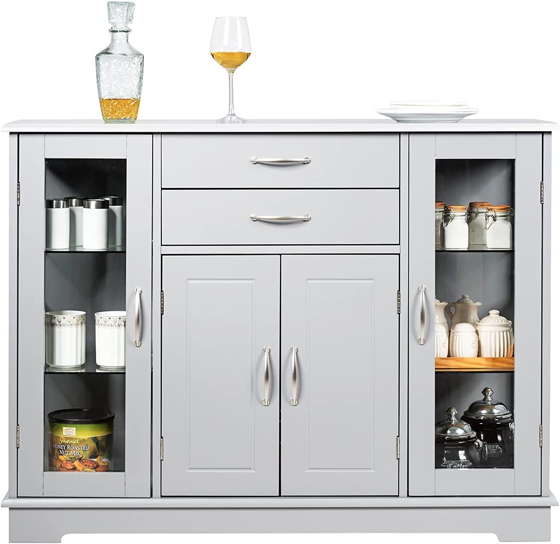 GiantexUK Kitchen Sideboard, Wooden Buffet Cabinet with 2 Slide Drawers and 5 Adjustable Shelves