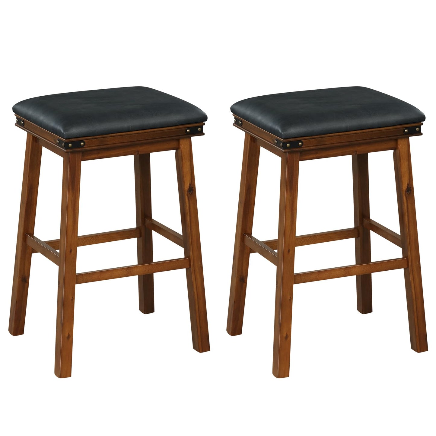 GiantexUK Bar Stools Set of 2, PU Leather Upholstered Kitchen Barstools with Acacia Wood Legs, 50x40x76cm