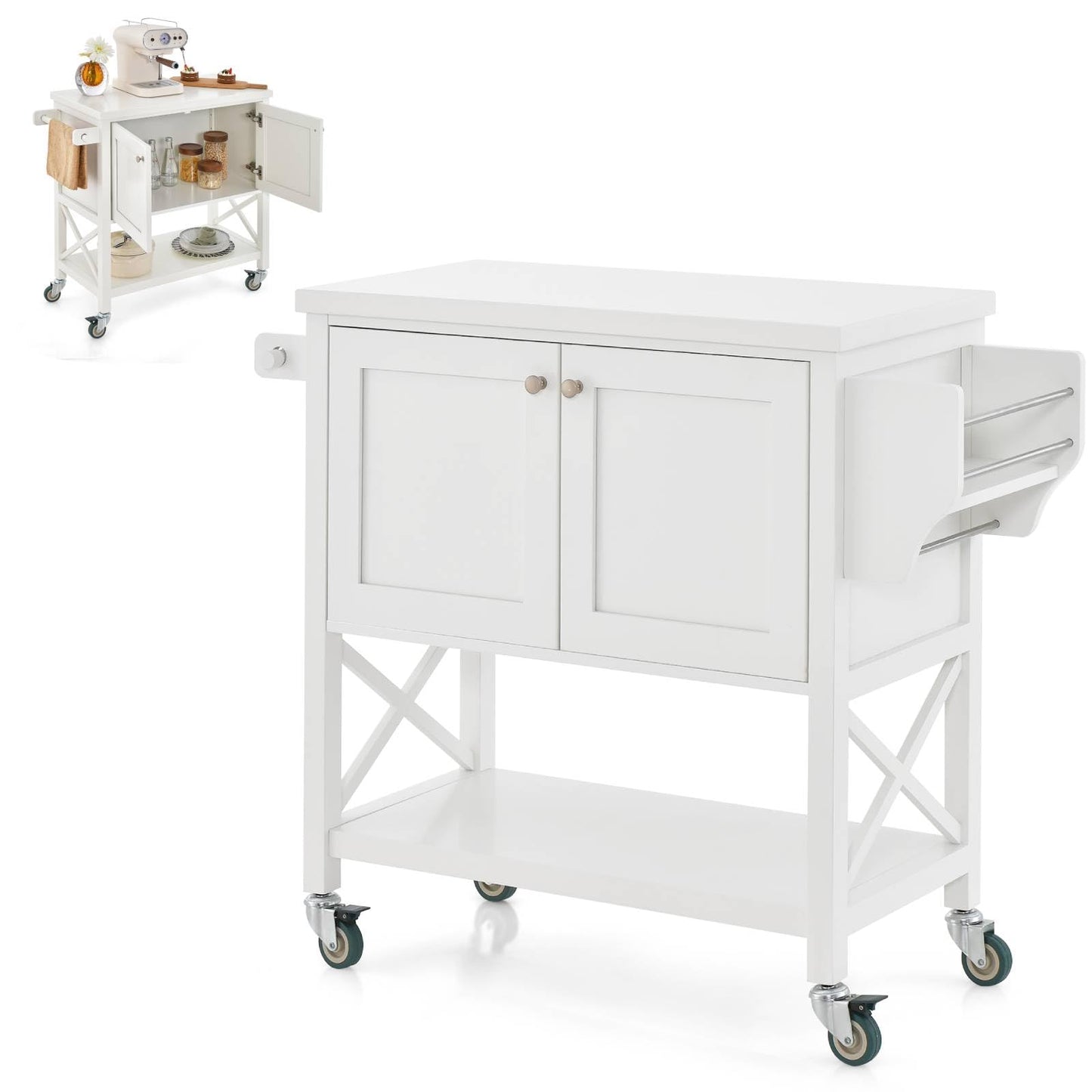 GiantexUK Kitchen Island on Wheels, Wooden Storage Trolley with Door Cabinet, Open Shelf