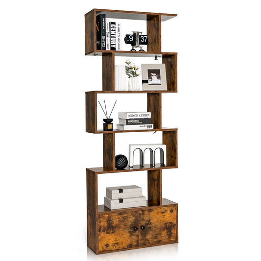 Wooden Bookcase, 5/6-Tier S-Shaped Storage Bookshelf with Cabinet, Freestanding Tall Display Shelf