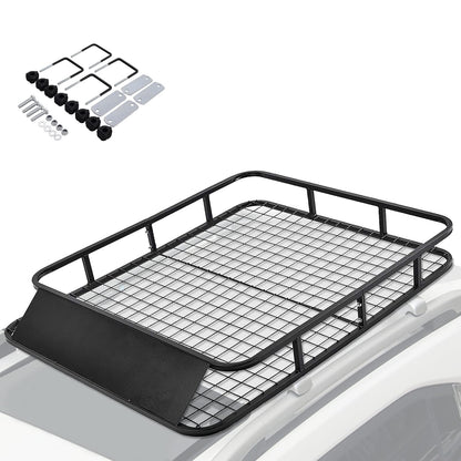 GiantexUK Roof Rack Basket Tray, 123x102x14cm Steel Luggage Cargo Carrier with Bars & Wind Fairing