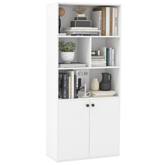 Wooden Bookcase, 155cm Tall Bookshelf with 4 Open Cubes, 2-Door Cabinet, 5-Level Adjustable Shelf & Non-toppling Kit