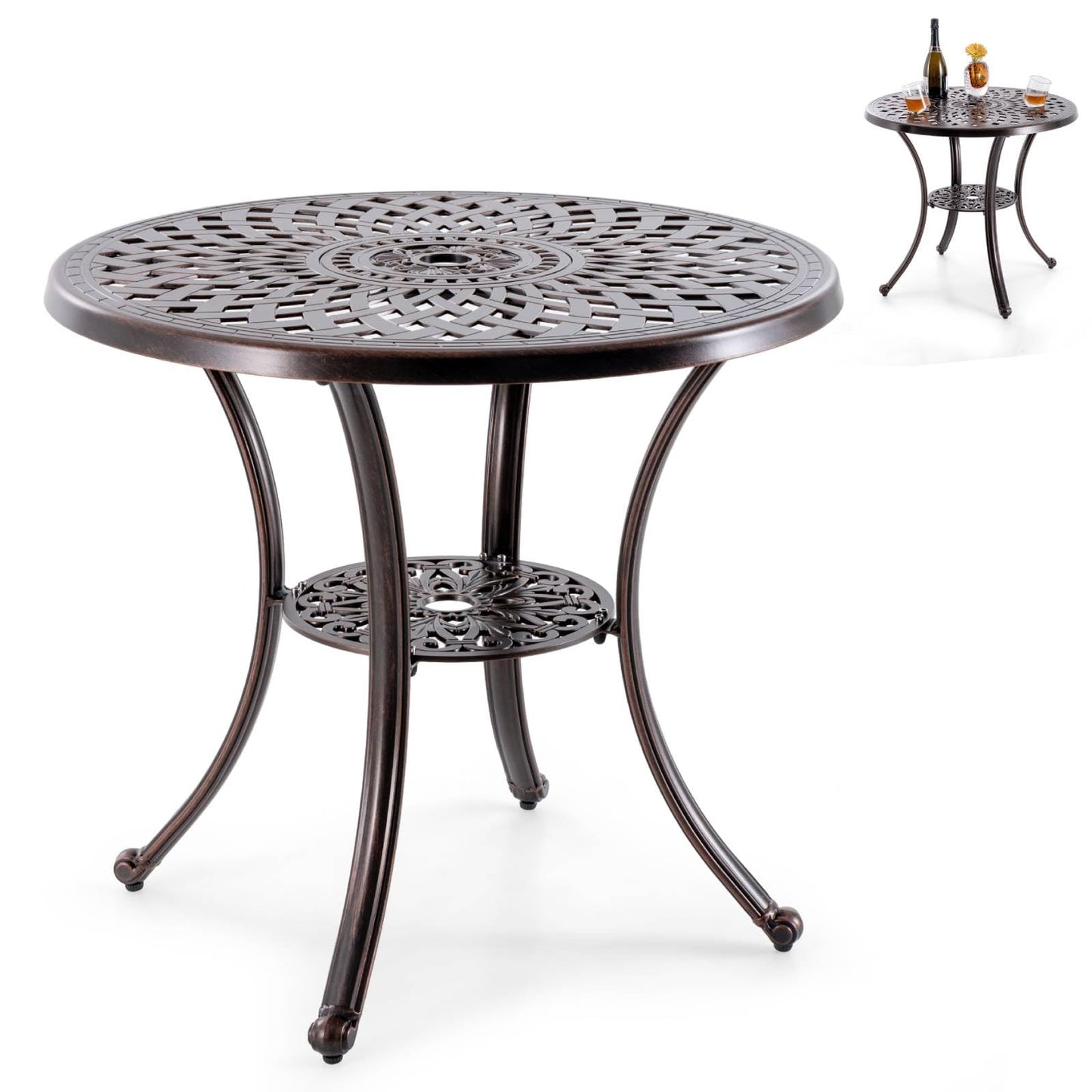 GiantexUK 79cm Round Garden Table, Cast Aluminum Patio Bistro Table with Umbrella Hole & Adjustable Foot Pads(4 Legs, 79 x 71cm)