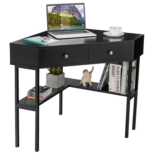 Corner Computer Desk, Triangle PC Laptop Table with 2 Drawer and Storage Shelves