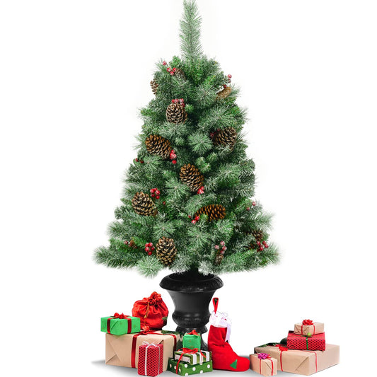 4FT Christmas Tree, Small Artificial Xmas Trees with Pine Cones and Base