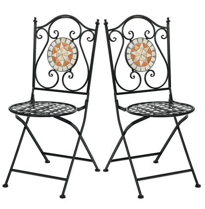 GiantexUK Folding Mosaic Chairs, Set of 2 Metal Round Bistro Garden Chairs, Patio Furniture Seats for Patio, Yard & Balcony, Seat Height 47 cm