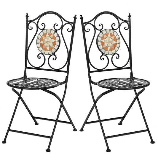 GiantexUK Folding Mosaic Chairs, Set of 2 Metal Round Bistro Garden Chairs, Patio Furniture Seats for Patio, Yard & Balcony, Seat Height 47 cm