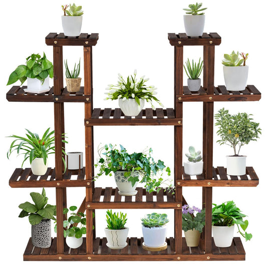 6 Tiers Wood Plant Stand, Multi Tier Flower Pot Holder with Wheels, Potted Plants Display Ladder, 125 x 25 x 114cm